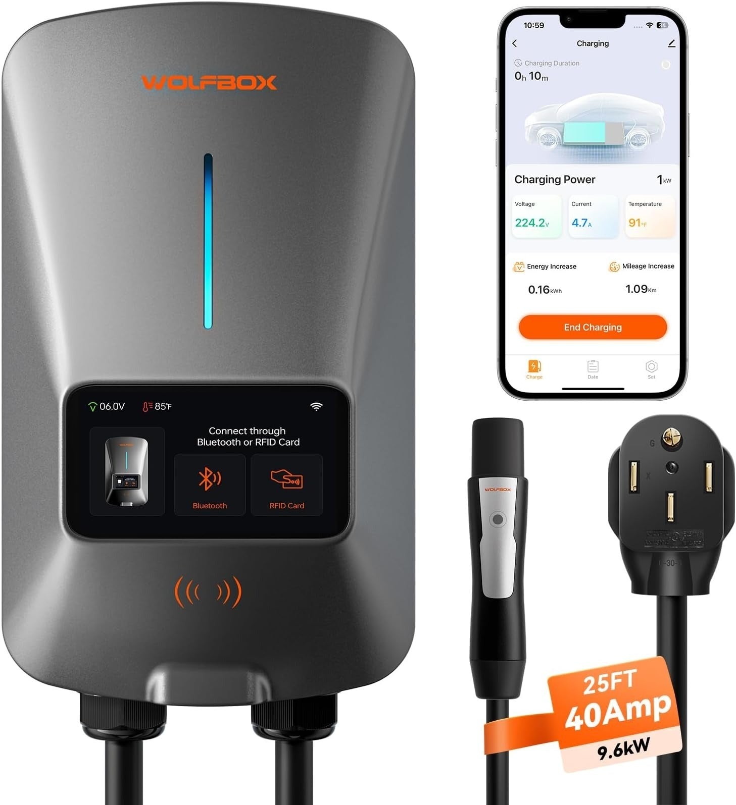 WOLFBOX WiFi Level 2 Electric Car EV Charger 25ft Cable Charging Station charger WOLFBOX Tesla models 40 Amp No