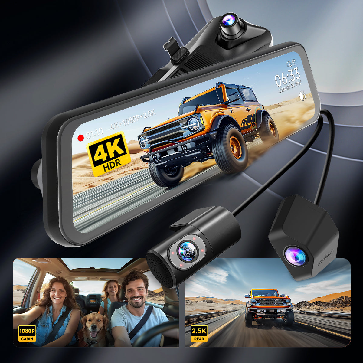 G900 TriPro 4K+2.5K+1080P 3 Channel Cabin Monitor Mirror Dash Camera - WOLFBOX