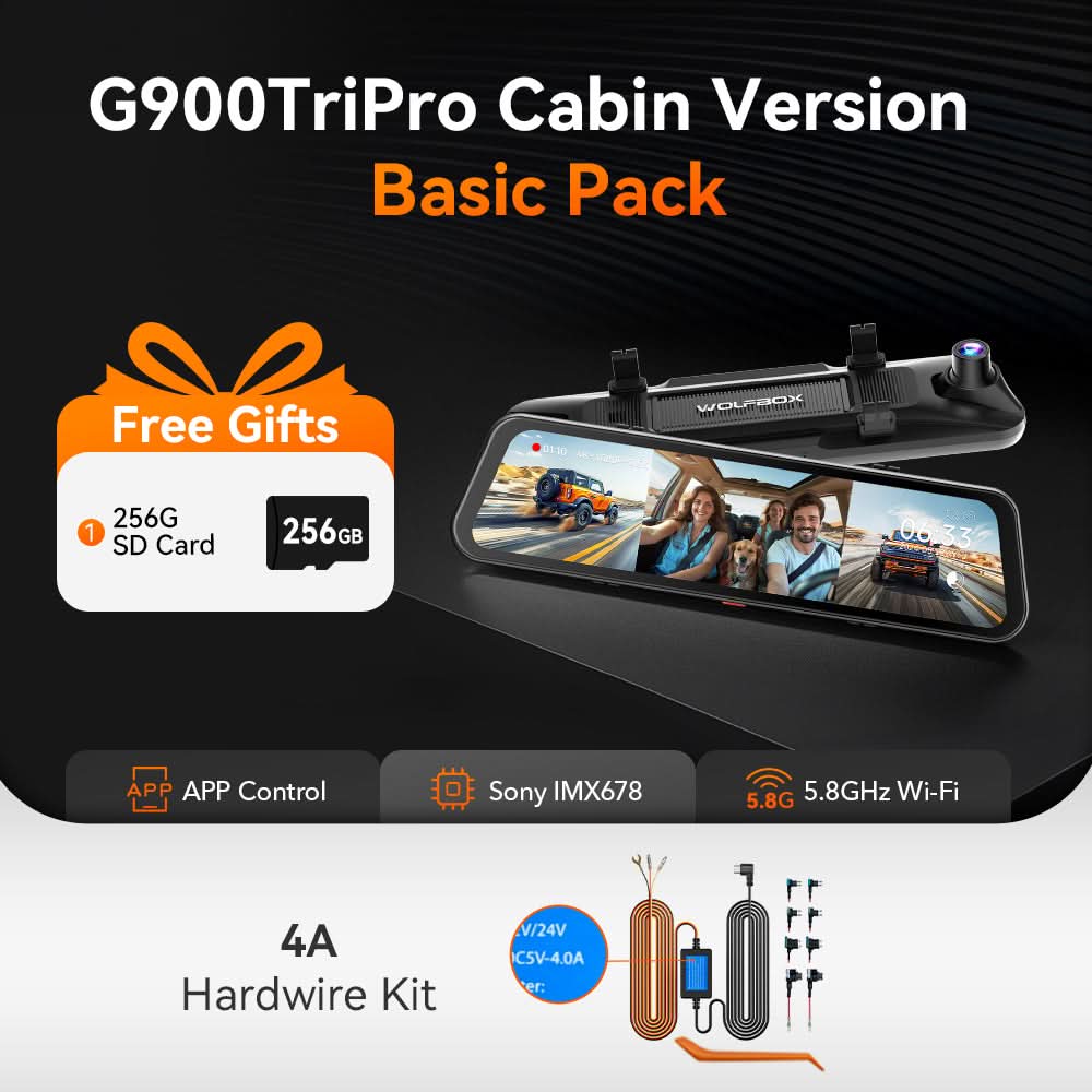 G900 TriPro 4K+2.5K+1080P 3 Channel Cabin Monitor Mirror Dash Camera - WOLFBOX