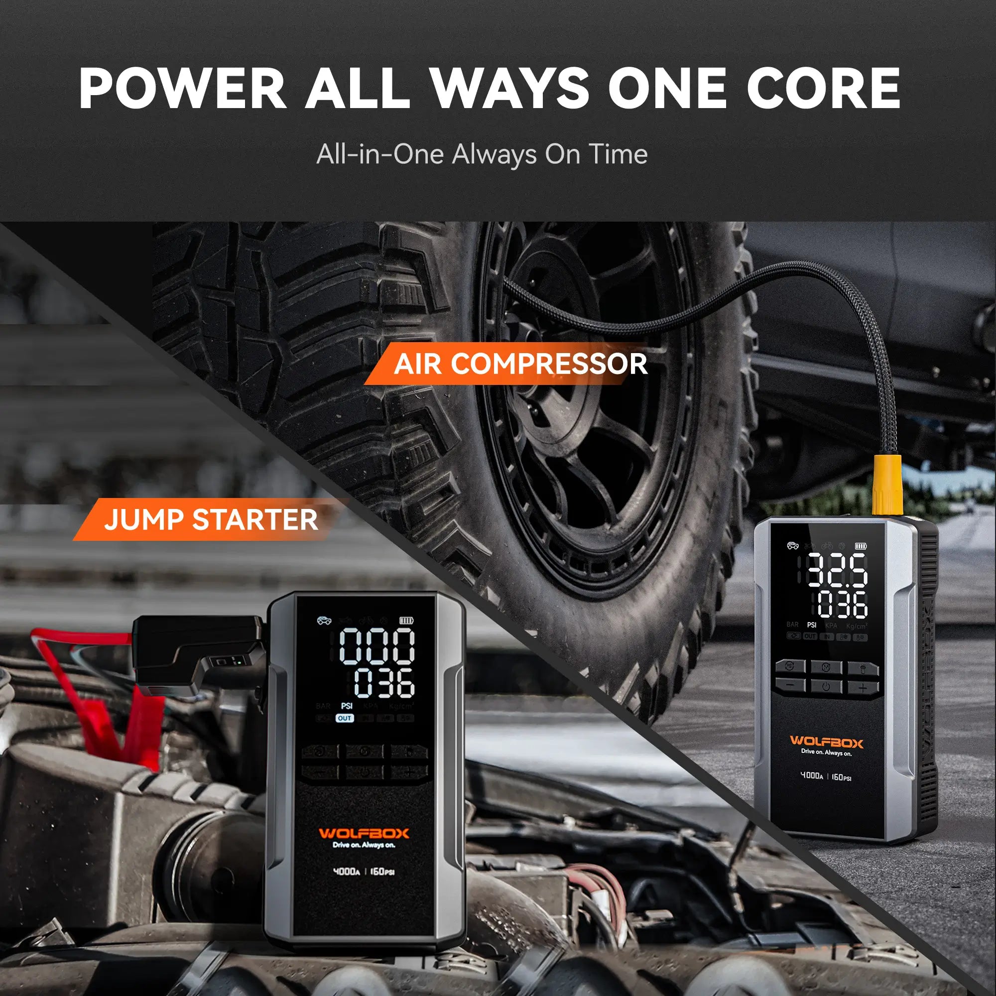 2-in-1 jump starter with air compressor