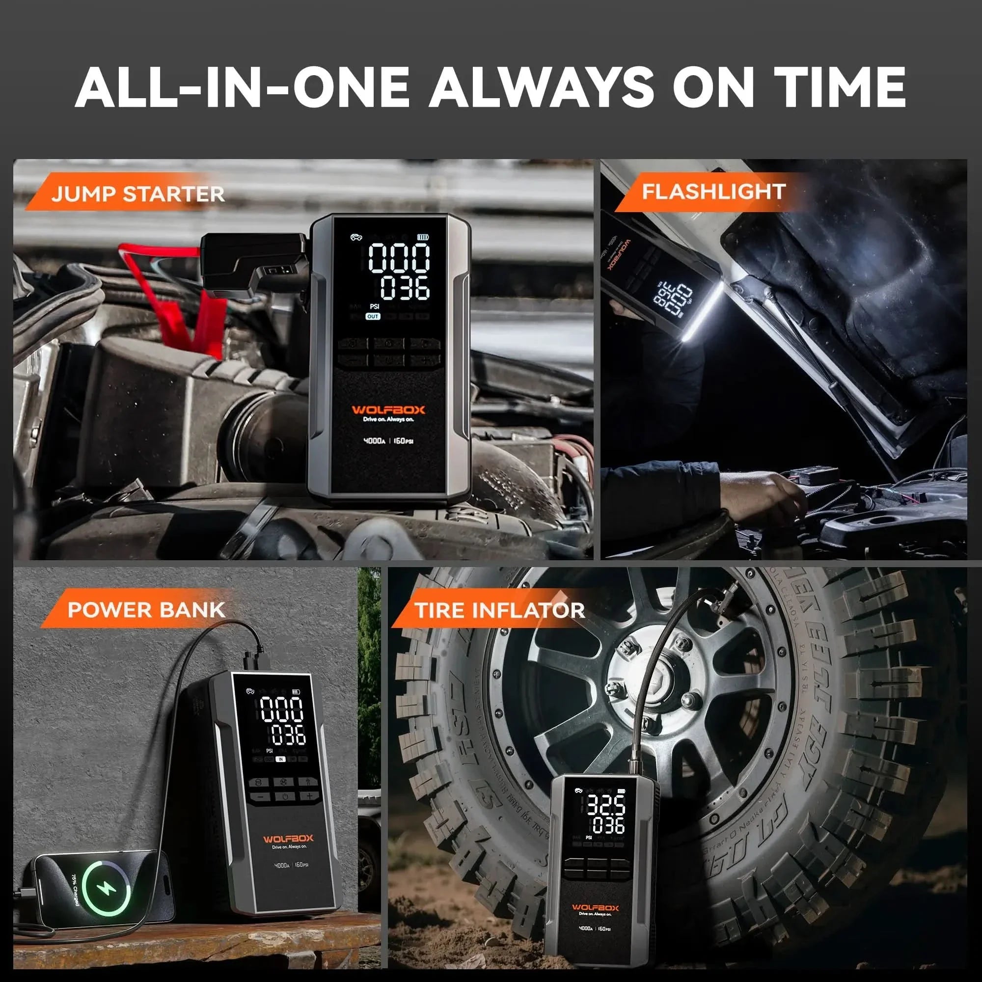 All-in-one jump starter with air compressor