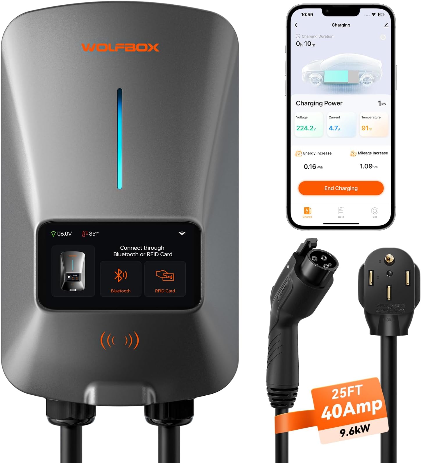 WOLFBOX WiFi Level 2 Electric Car EV Charger 25ft Cable Charging Station charger WOLFBOX Standard 40 Amp No