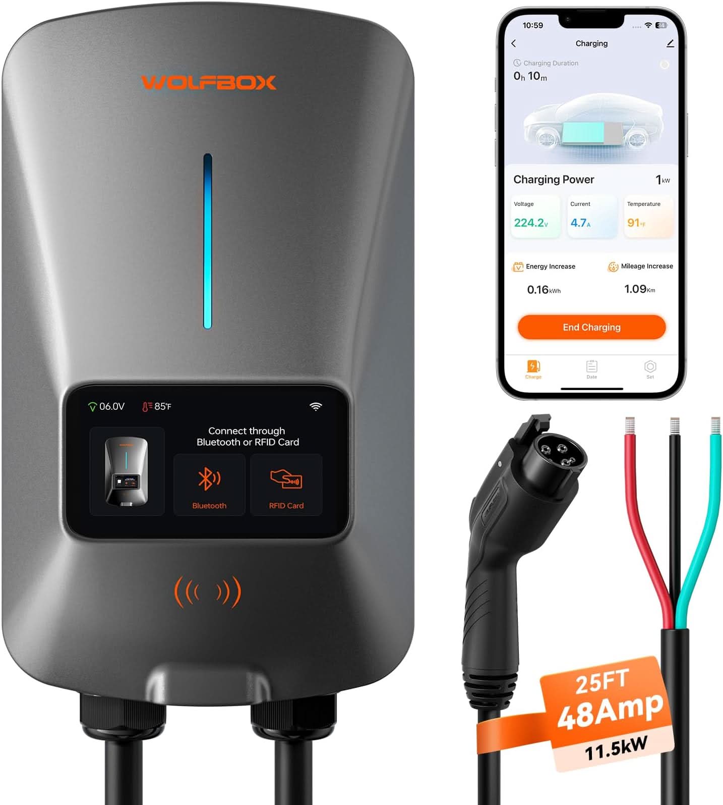 WOLFBOX WiFi Level 2 Electric Car EV Charger 25ft Cable Charging Station charger WOLFBOX Standard 48 Amp No