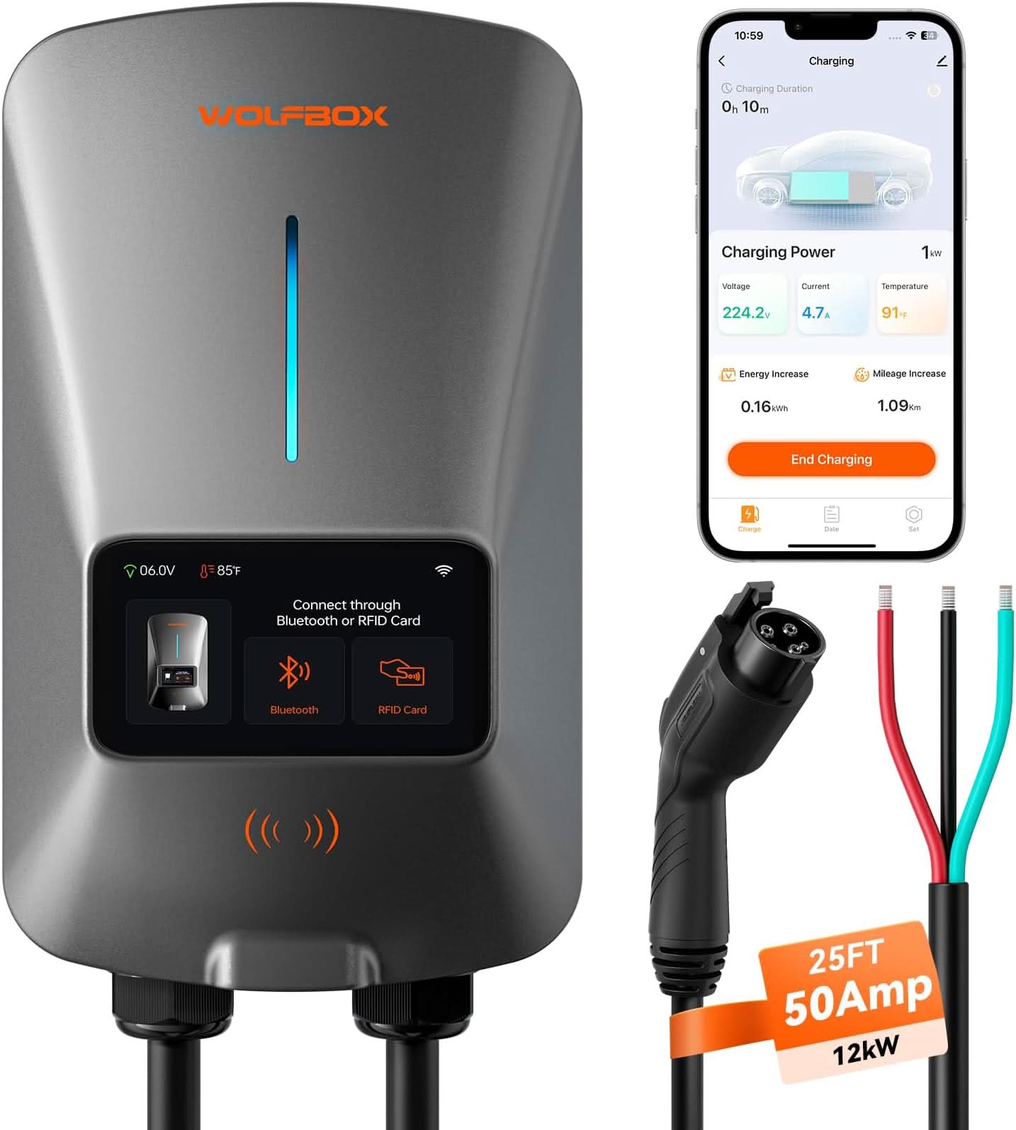 WOLFBOX WiFi Level 2 Electric Car EV Charger 25ft Cable Charging Station charger WOLFBOX Standard 50 Amp No
