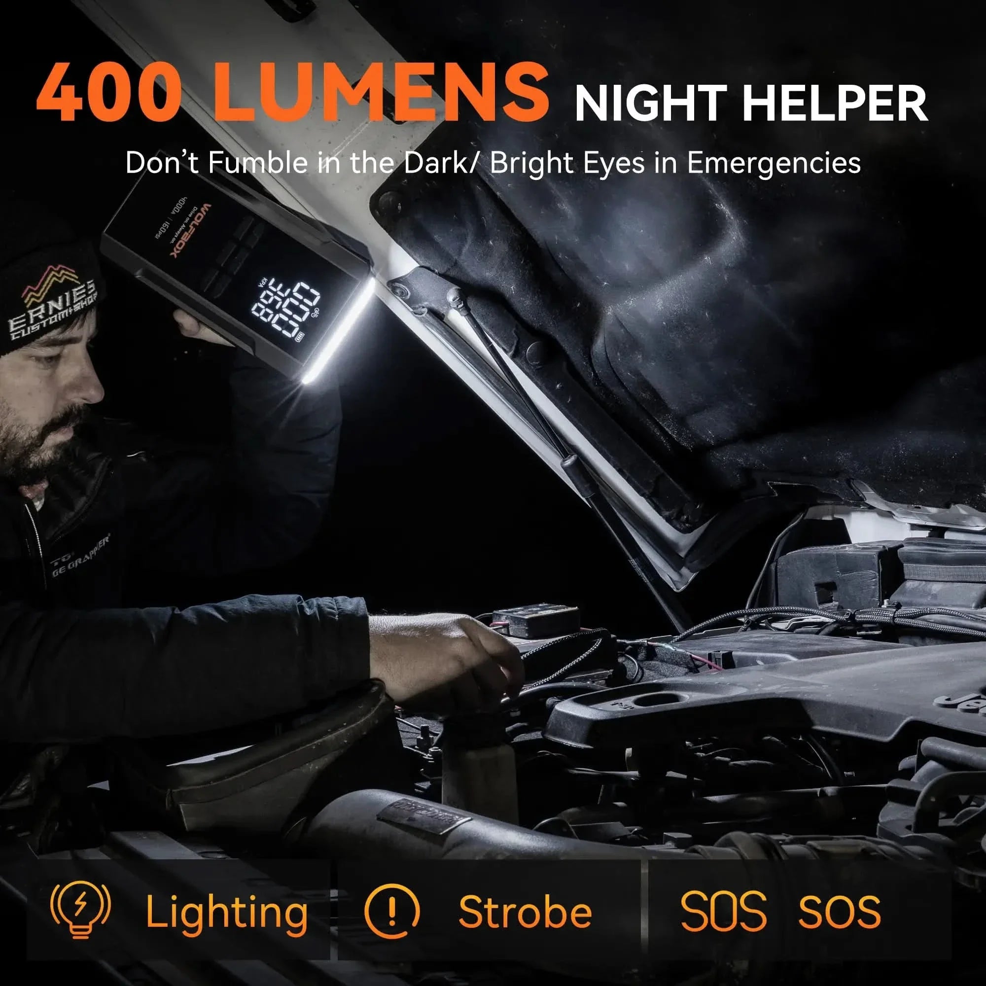 400-Lumens jump starter with air compressor