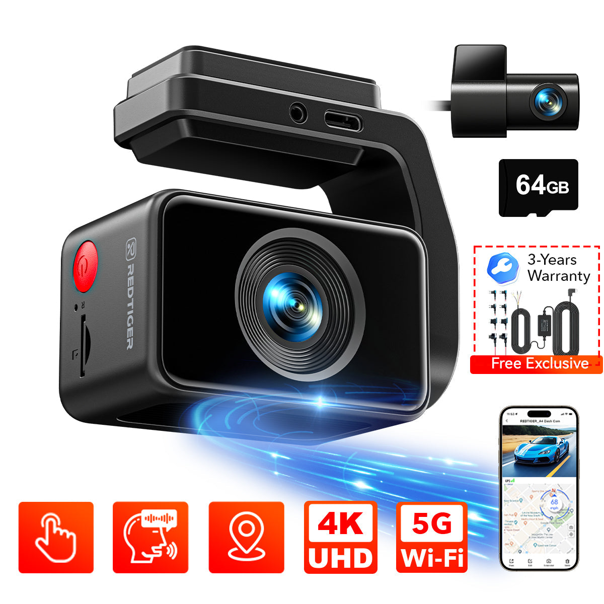 Redtiger A4 4K+1080P Voice Control 5.8GHz WIFI Dash Cam Hot Sales REDTIGER Official