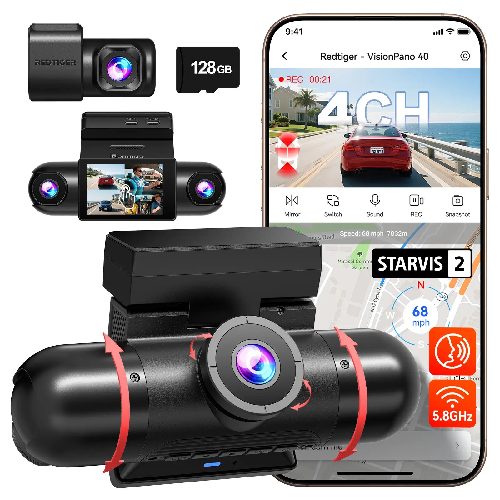 Redtiger VisionPano 40 4 Channel 2.5K Dash Cam Dual Sony STARVIS 2 HDR 5.8 Ghz WiFi Parking Monitor Dash Cam REDTIGER Official