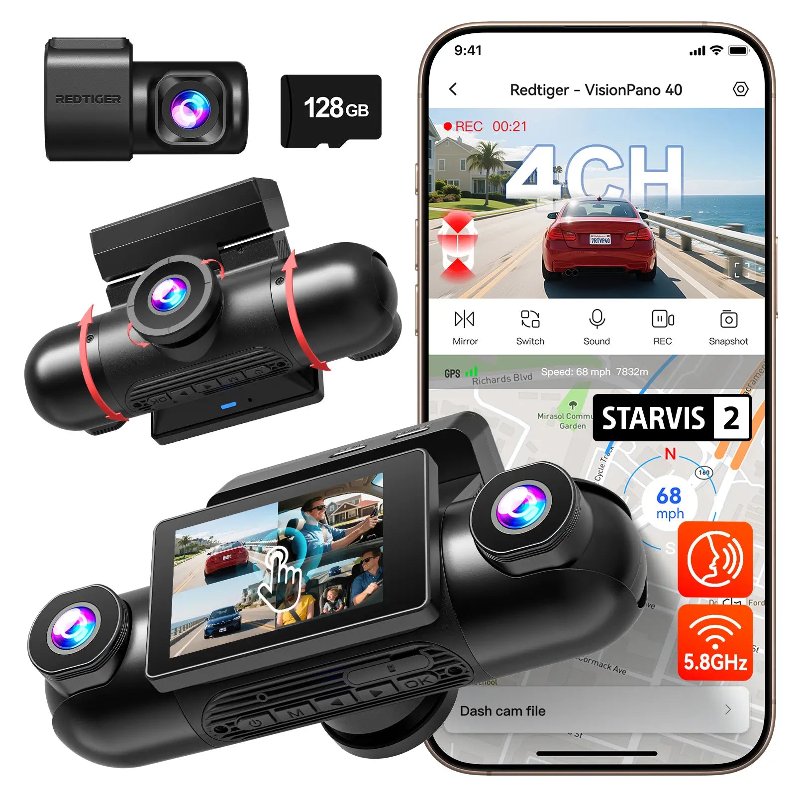 Redtiger VisionPano 40 4 Channel 2.5K Dash Cam Dual Sony STARVIS 2 HDR 5.8 Ghz WiFi Parking Monitor Dash Cam REDTIGER Official VisionPano 40+ Hardwire Kit