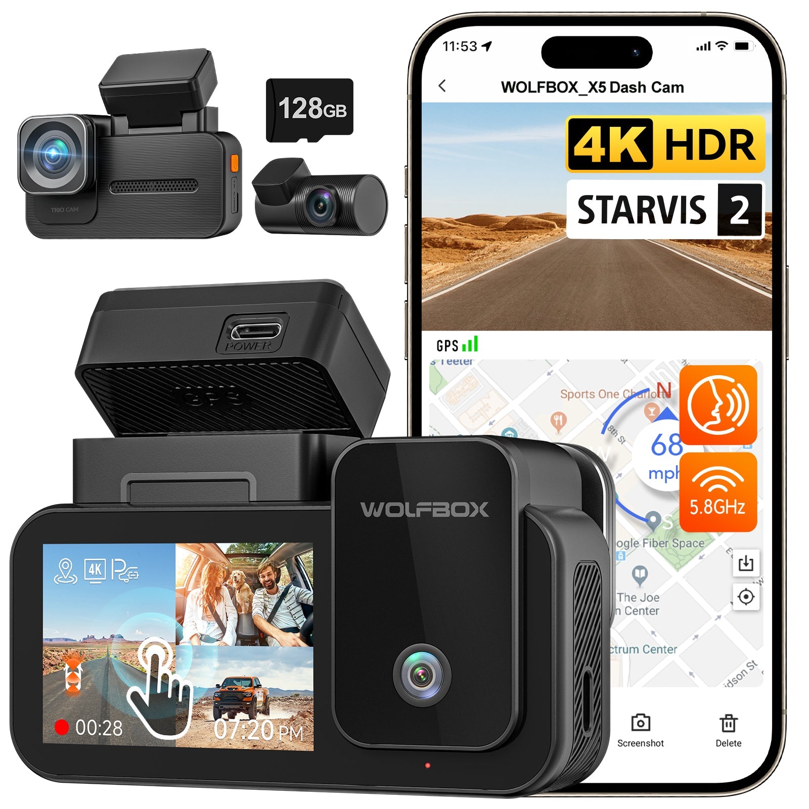 WOLFBOX X5 3 Channel Touchscreen WiFi Mini Dash Camera WOLFBOX
