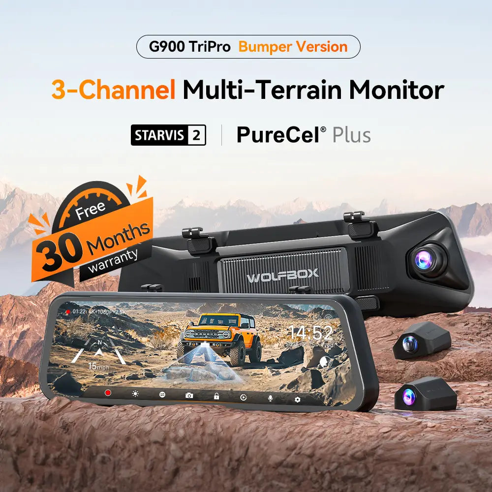 WOLFBOX G900 TriPro Bumper Version 3 Channel Rearview Mirror Dash Camera Mirror Camera with Exclusive 30-Month Warranty - WOLFBOX