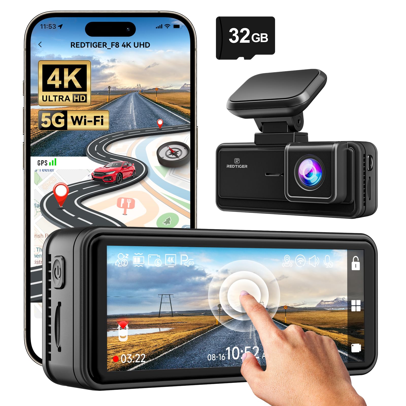 Redtiger F8 5GHz Wifi Touch Screen 4K Front Dash Cam-Refurbished