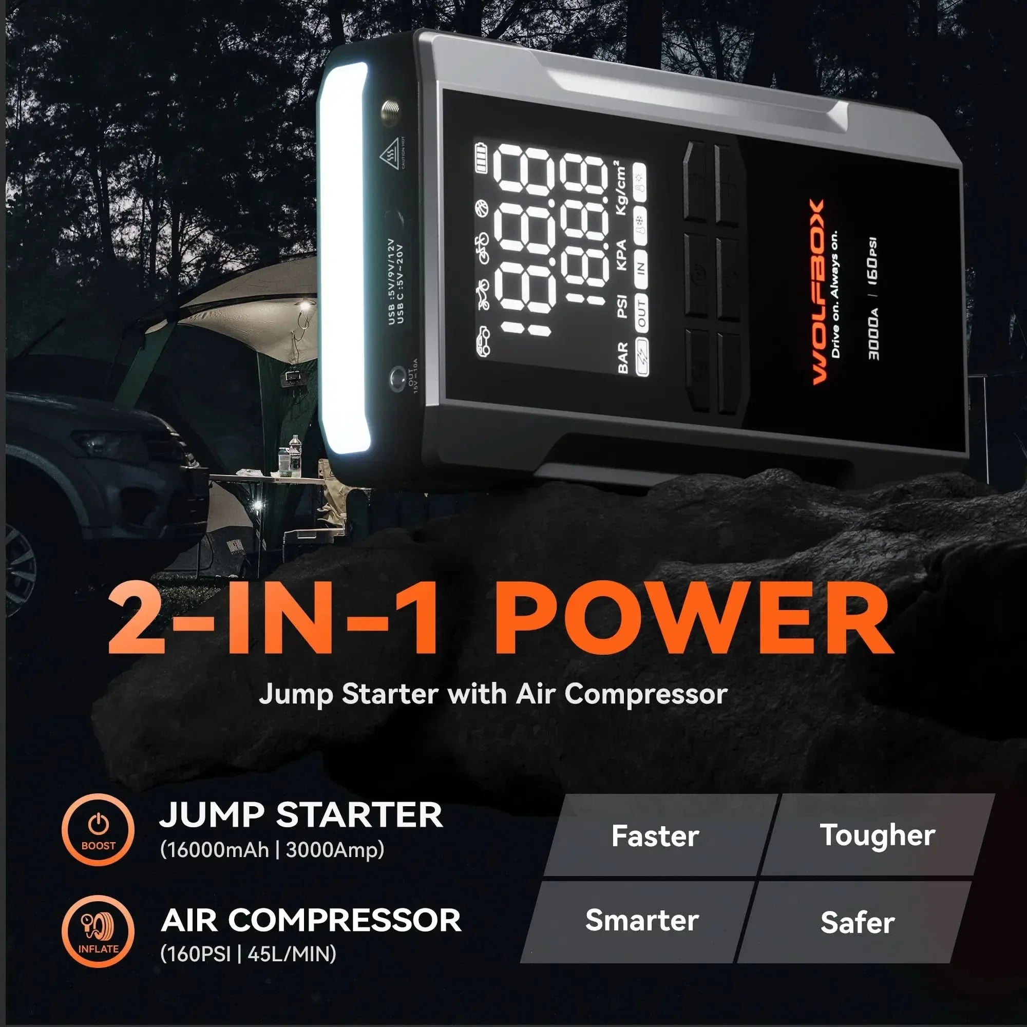 4-in-1 Jump Starter with Air Compressor Tire Inflator | Exclusive 42-Month Warranty– Wolfbox MegaVolt 24Air