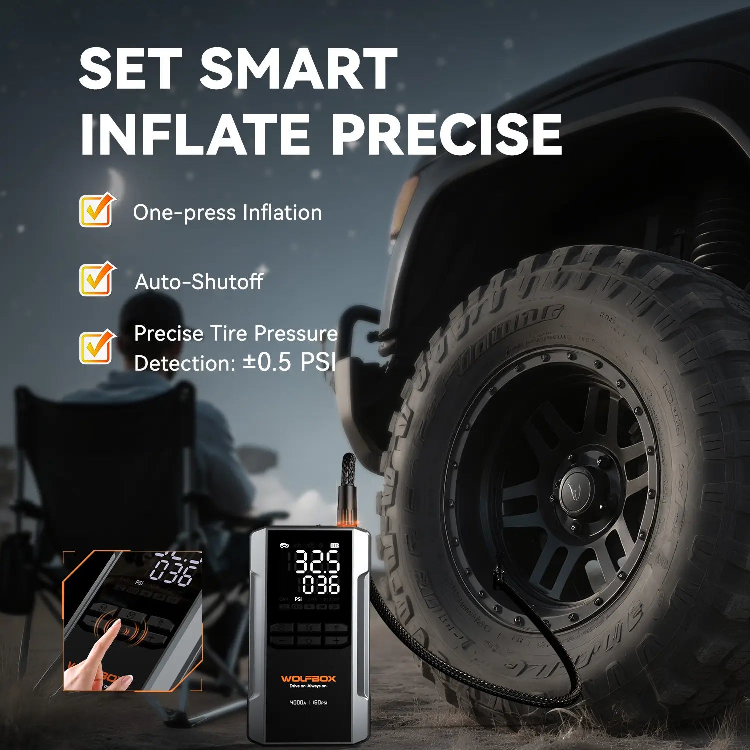 smart inflate of a  jump starter with air compressor