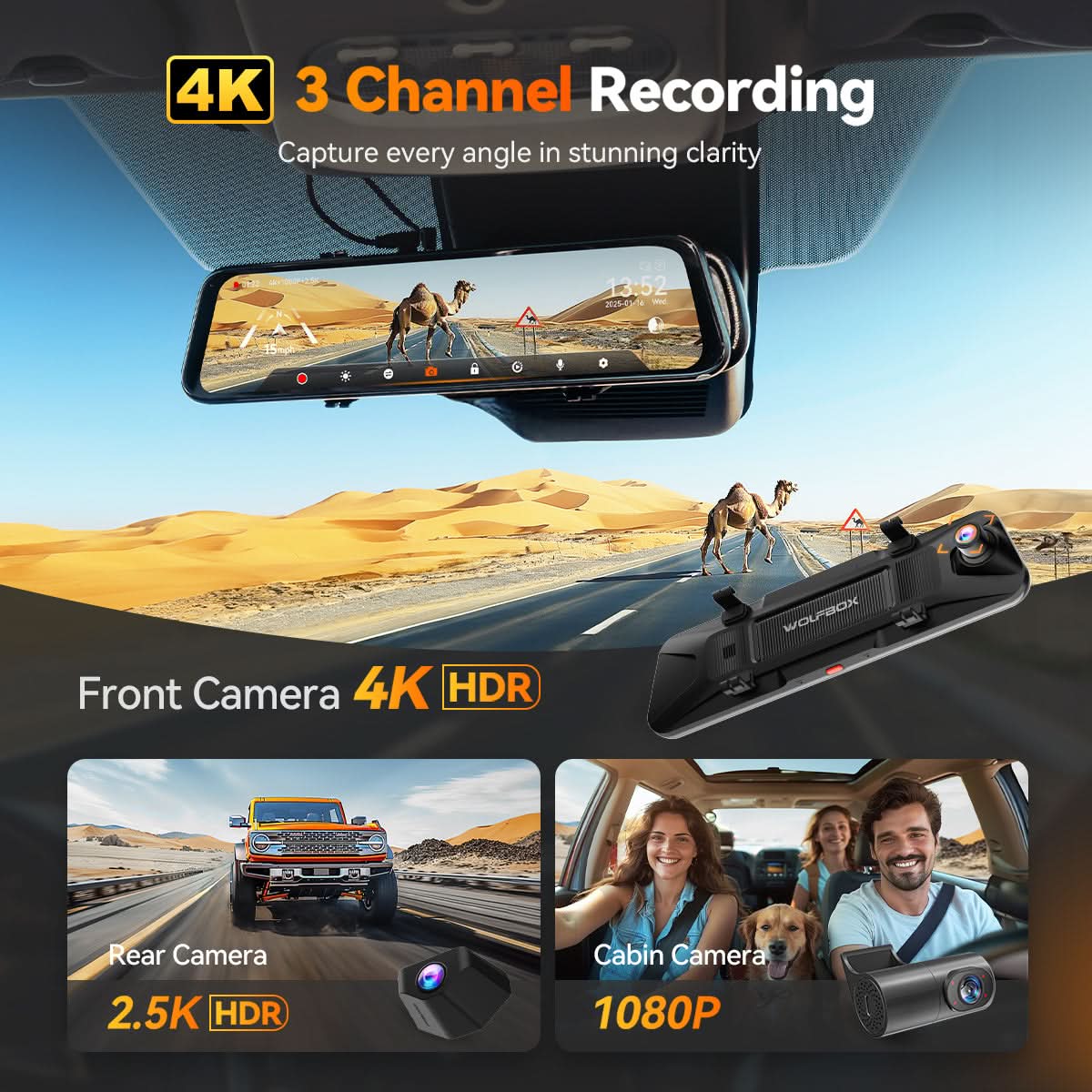 Preorder-G900 TriPro 4K+2.5K+1080P 3 Channel Cabin Monitor Mirror Dash Cam camera WOLFBOX