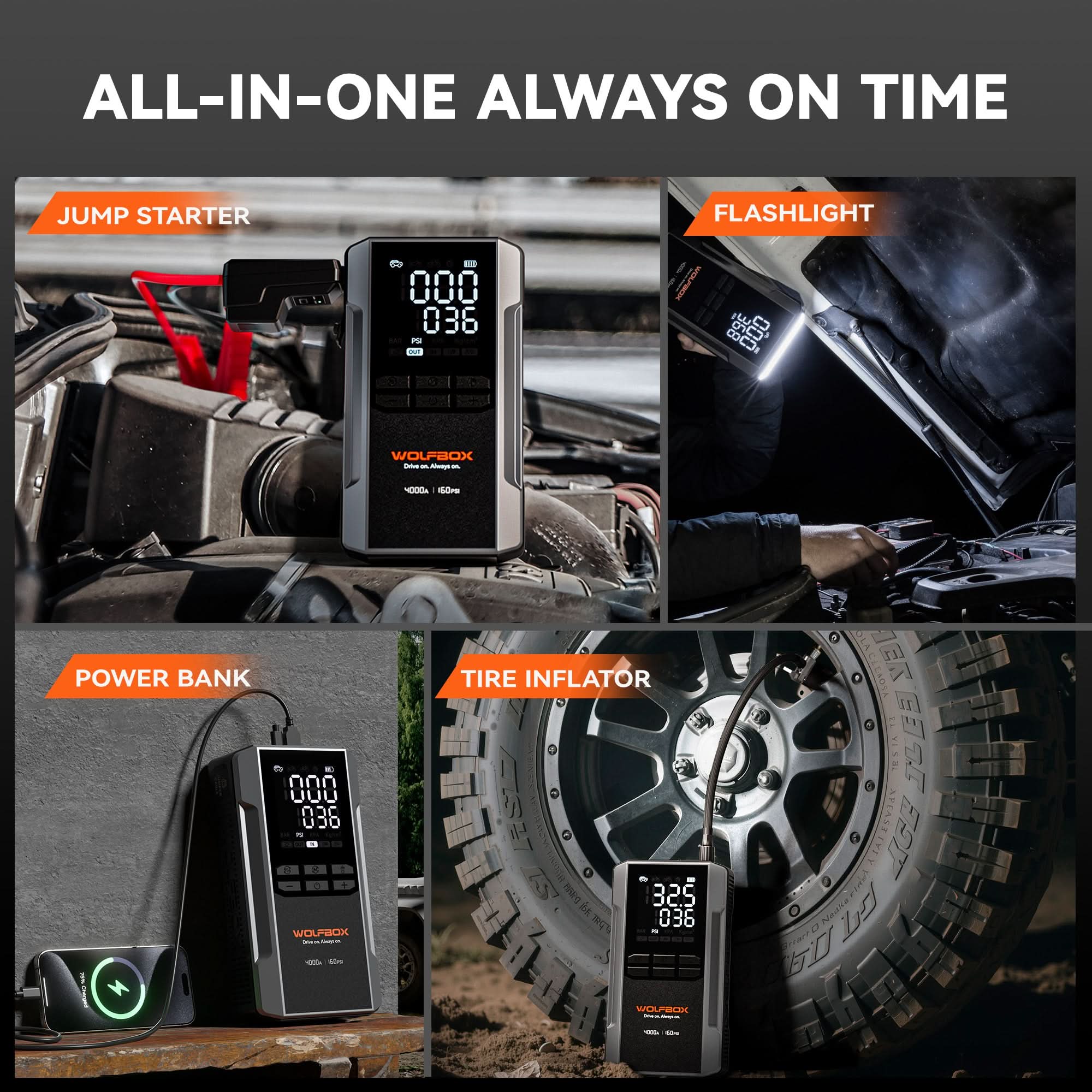 All-in-one jump starter with air compressor