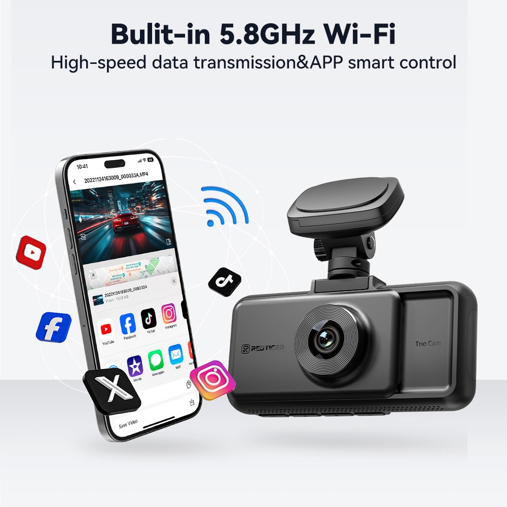 Redtiger A6 4K 3-Channel Dash Cam 5.8Ghz Wifi Voice Control Dash Cam REDTIGER Official