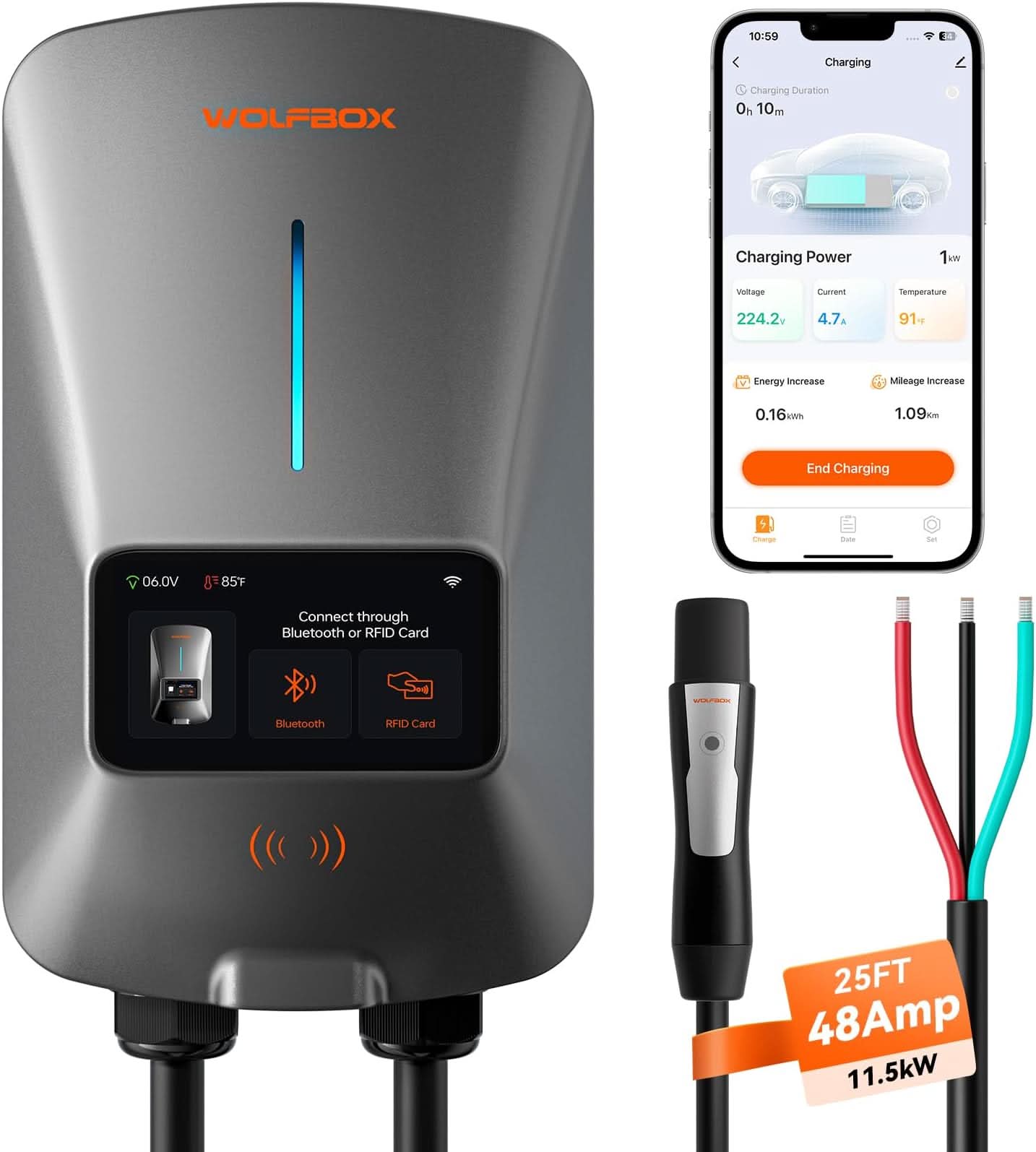 WOLFBOX WiFi Level 2 Electric Car EV Charger 25ft Cable Charging Station charger WOLFBOX Tesla models 48 Amp No