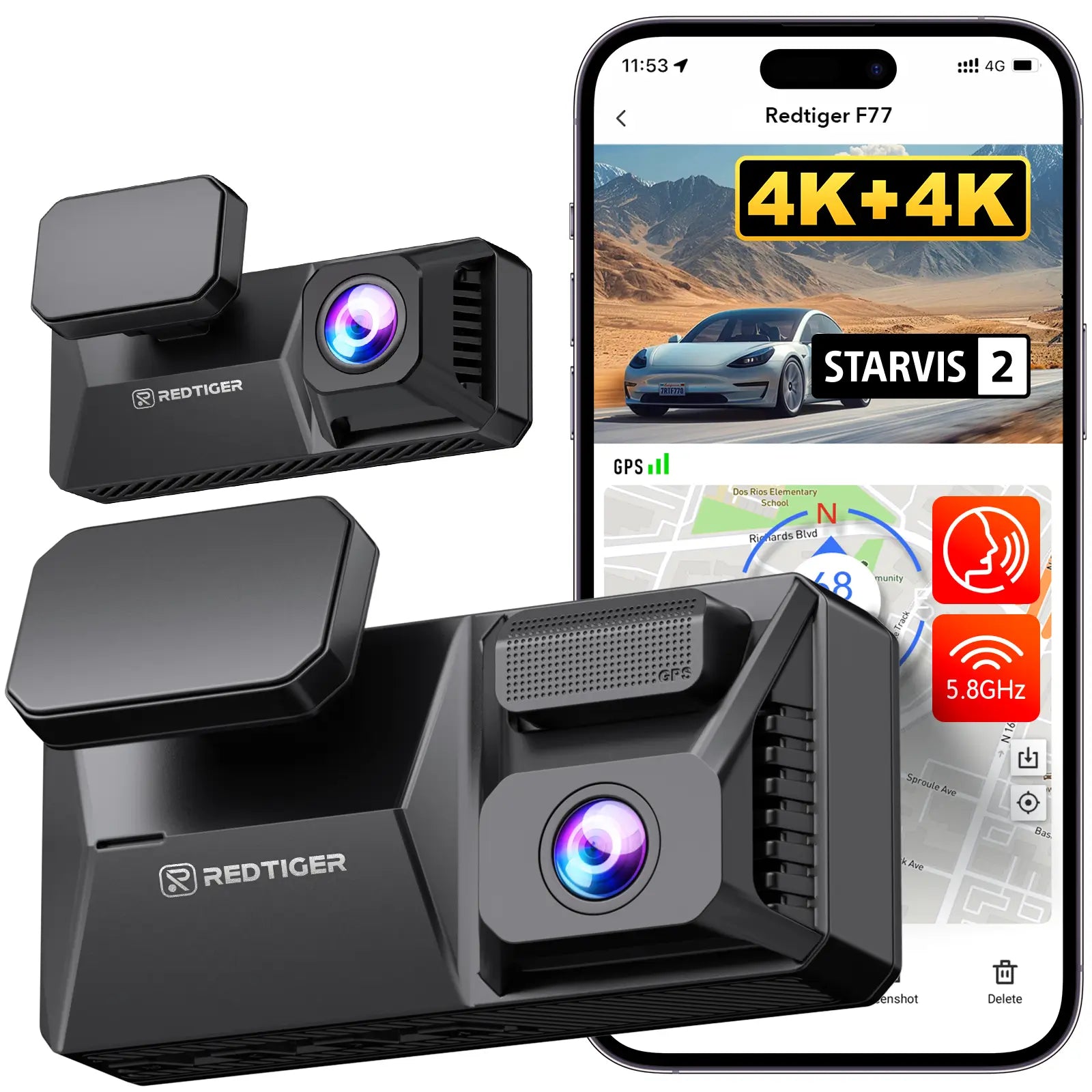 F77 STARVIS 2 4K+4K Dual IMX678 Voice Control 5.8GHz High Speed WIFI Dash Cam Hot Sales REDTIGER Official 128GB