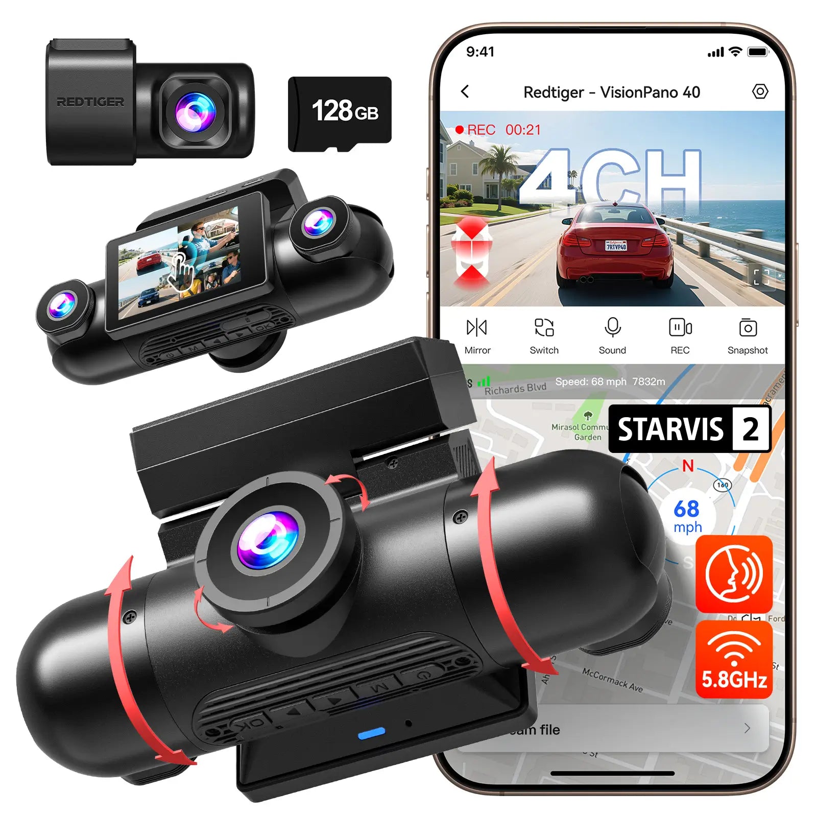 Redtiger VisionPano 40 4 Channel 2.5K Dash Cam Dual Sony STARVIS 2 HDR 5.8 Ghz WiFi Parking Monitor Dash Cam REDTIGER Official