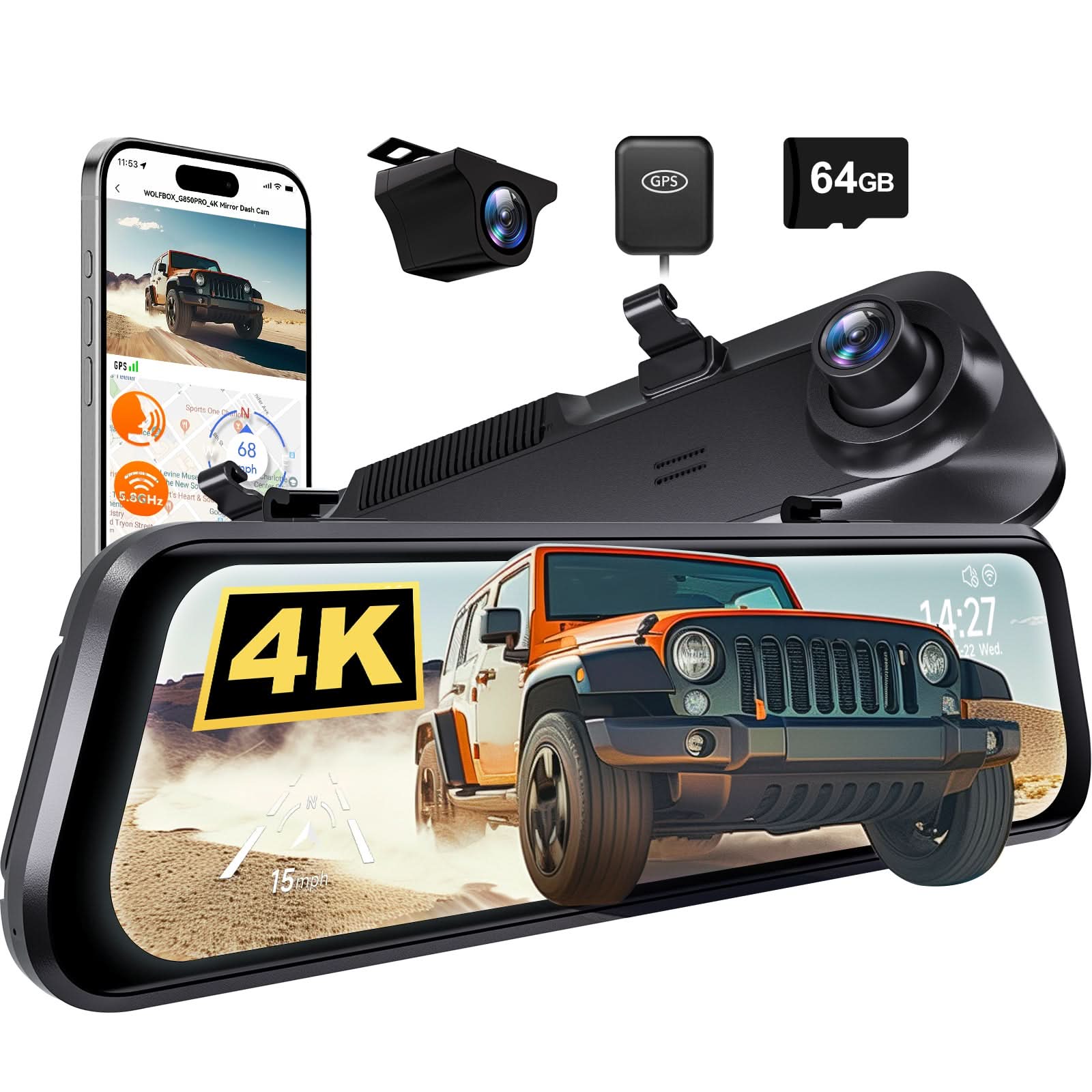 WOLFBOX G850Pro 4K Wifi ADAS Front and Rear Mirror Dash Cam camera WOLFBOX