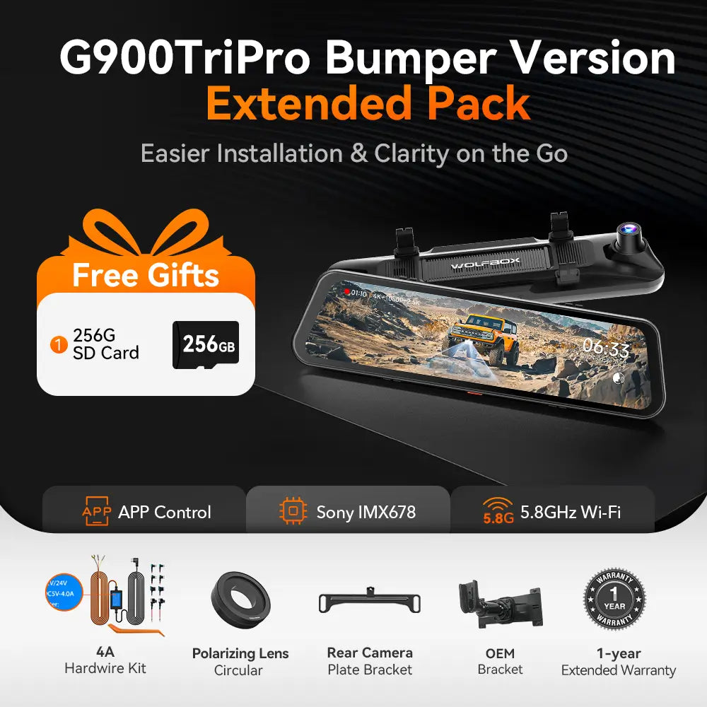 WOLFBOX G900 TriPro Bumper Version 3 Channel Rearview Mirror Dash Camera Mirror Camera - WOLFBOX