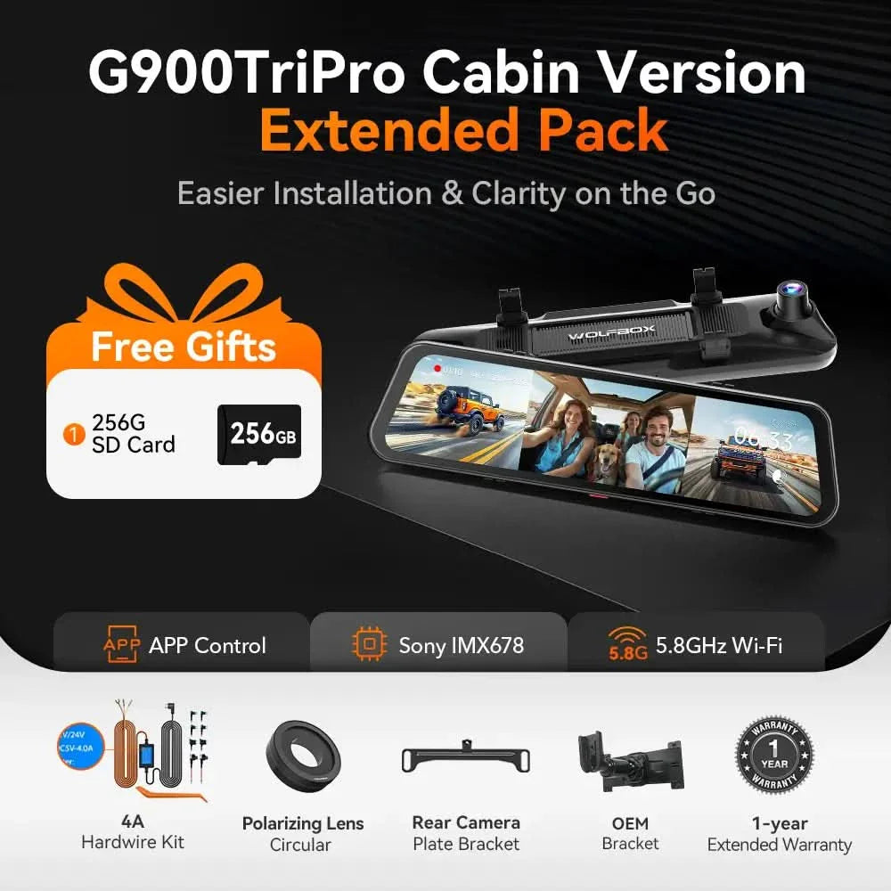 G900 TriPro 4K+2.5K+1080P 3 Channel Cabin Monitor Mirror Dash Camera - WOLFBOX
